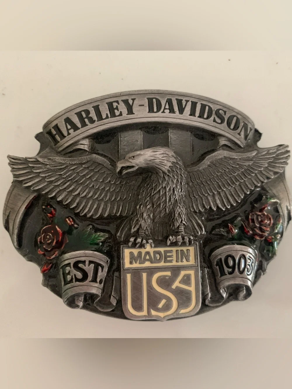 Harley-Davidson Roses and Eagles USA Belt Buckle Pewter Vintage 1980’s